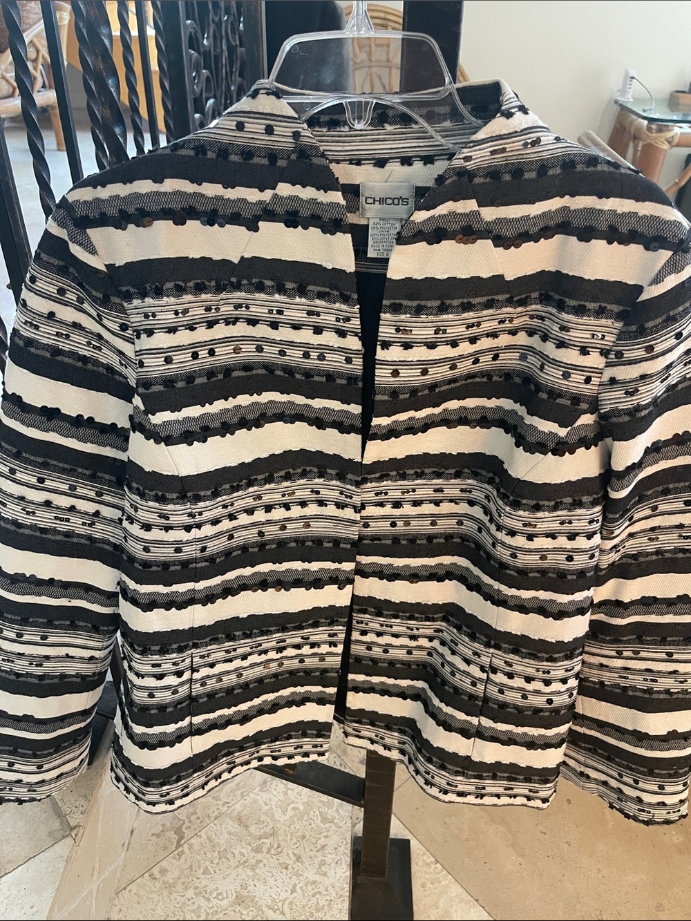 Chico's Black & White Striped Open Blazer size Chico 2